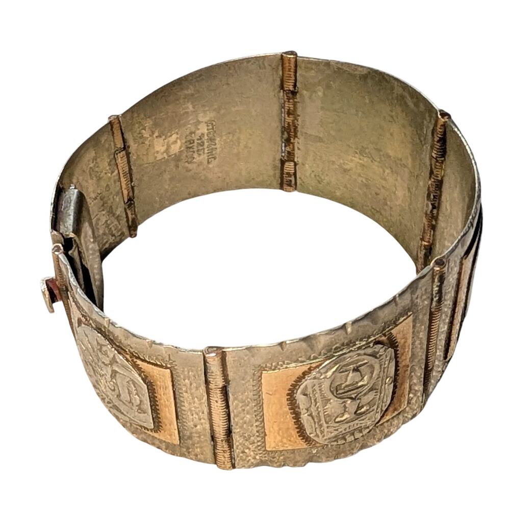 Taxco Sterling Silver Panel Bracelet Mixed Metal Embossed Mexican Artisan 7.5 in - Picture 12 of 14